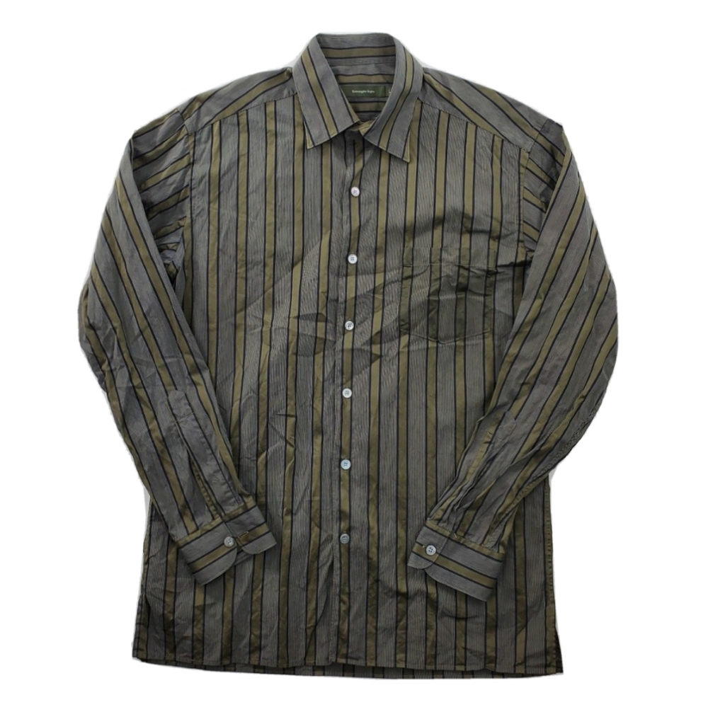 Ermenegildo Zegna Shirt Green Blue Gray Button Down Mens L Pin Stripe L/S